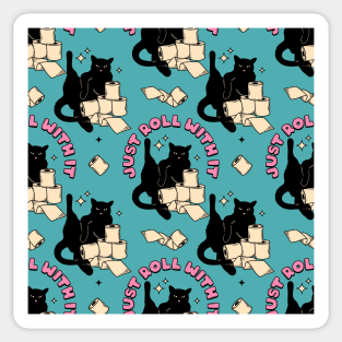 Roll with it Black Cat Pattern in blue Sticker